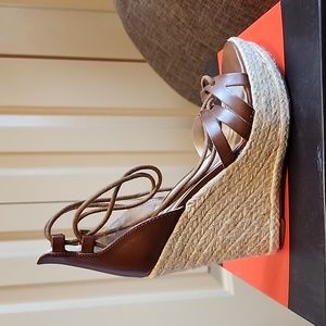 G by GUESS sandals.Tan vegan leather wedge sandals size 6.